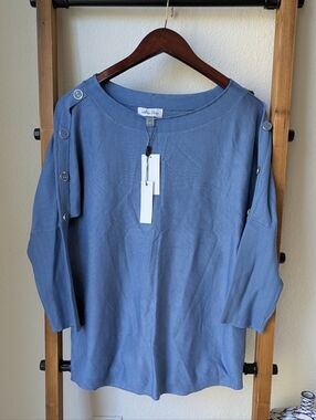 NWT Melissa Paige Light Blue Knit Top with Shoulder Button Detail